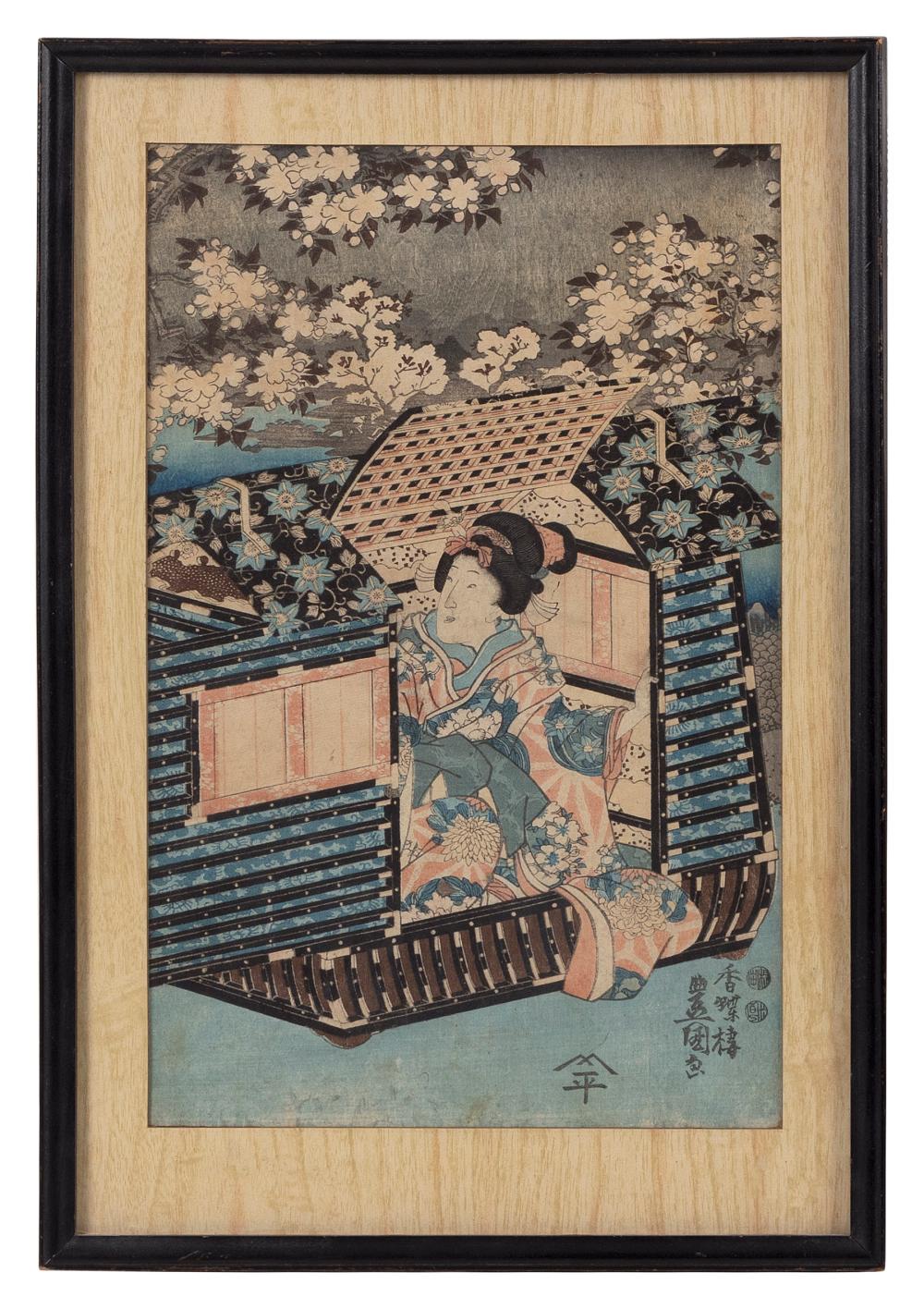 Appraisal: UTAGAWA TOYOKUNI III JAPAN - WOMAN IN A PALANQUIN WOODBLOCK