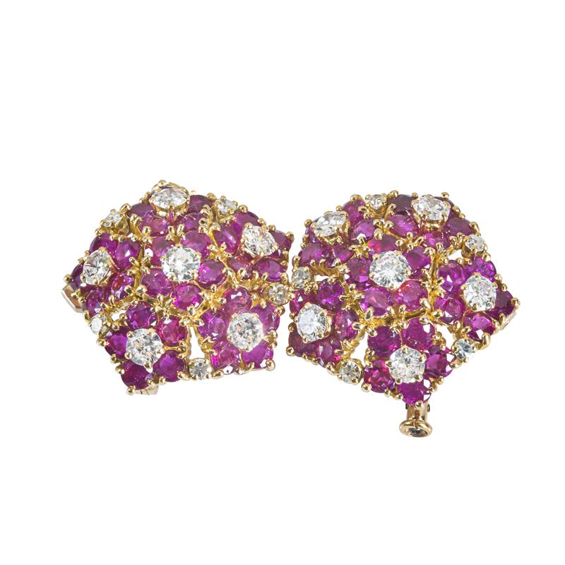 Appraisal: FRENCH DIAMOND AND RUBY TRANSFORMABLE BROOCH Two pentagonal diamond and