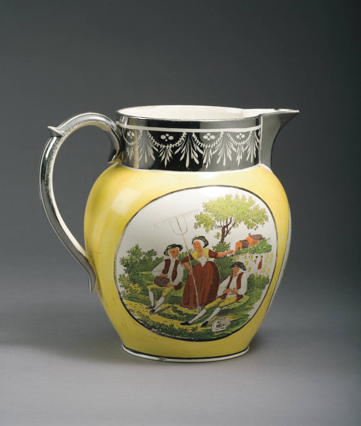 Appraisal: STAFFORDSHIRE SILVER RESIST LUSTRE ENAMEL-DECORATED AND BLACK TRANSFER-PRINTED JUG CIRCA