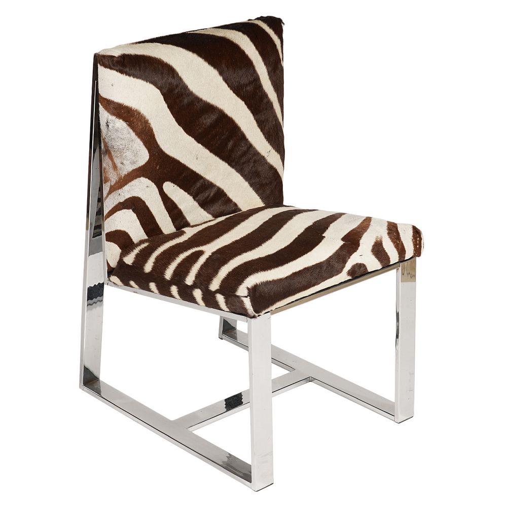 Appraisal: Mid Century Zebra Hide Chrome Chair Zebra hide armless chair