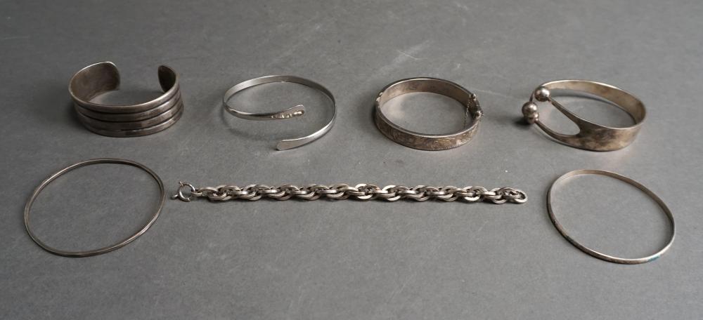 Appraisal: GROUP OF STERLING SILVER BANGLE AND CHAIN BRACELETS INCLUDING ANNA