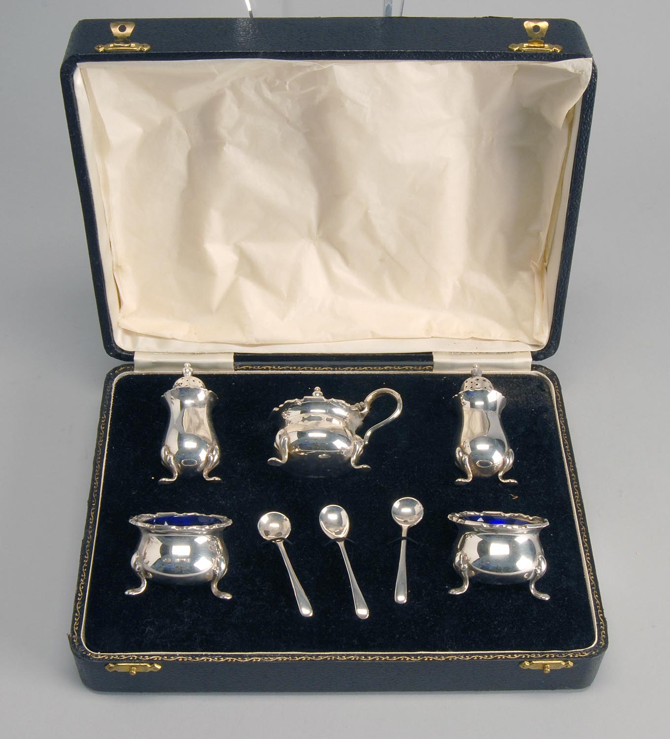 Appraisal: CASED ENGLISH STERLING SILVER CONDIMENT SET Circa 'sBy Suckling Ltd