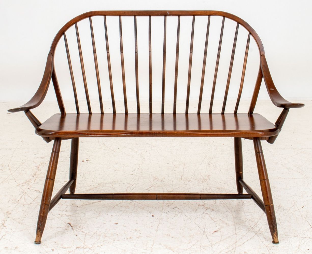 Appraisal: WALNUT WINDSOR STYLE TWO-SEATER BENCH American walnut Windsor style two-seater