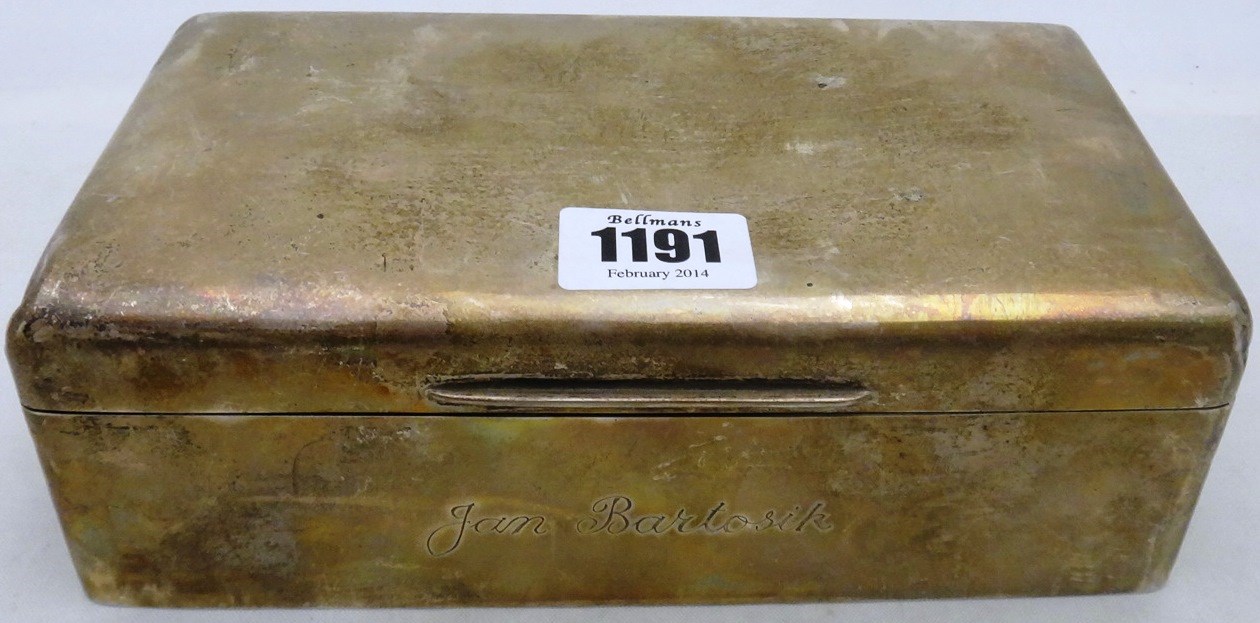 Appraisal: A silver large table cigarette box presentation inscribed within the