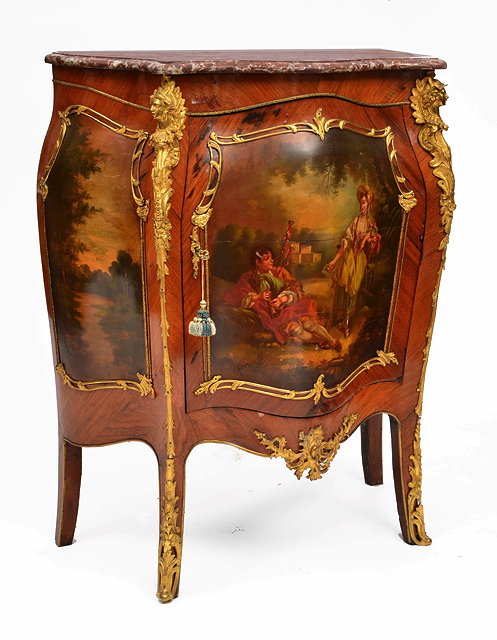 Appraisal: A FRENCH KINGWOOD AND VERNIS MARTIN MEUBLE D'APPUI with striated