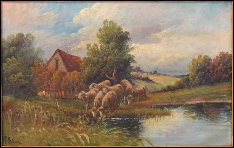 Appraisal: ARTIST UNKNOWN TH CENTURY SHEEP AT WATERING HOLE Oil on