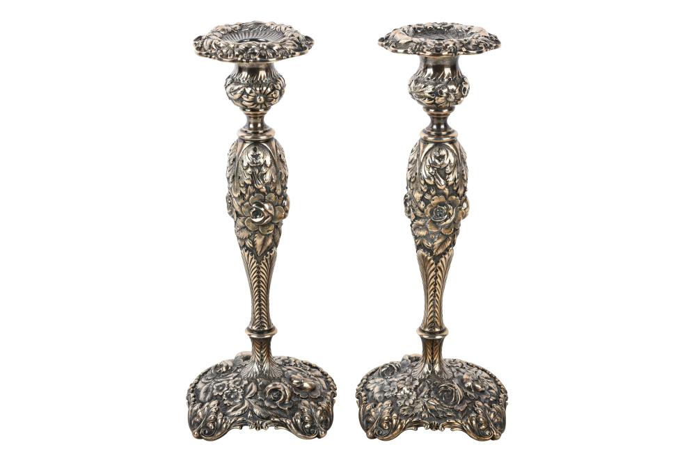 Appraisal: PAIR OF STEIFF REPOUSSE STERLING CANDLESTICKSeach marked to underside for