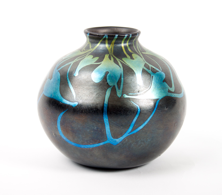 Appraisal: Tiffany favrile glass Heart and Vine vase circa black iridescent