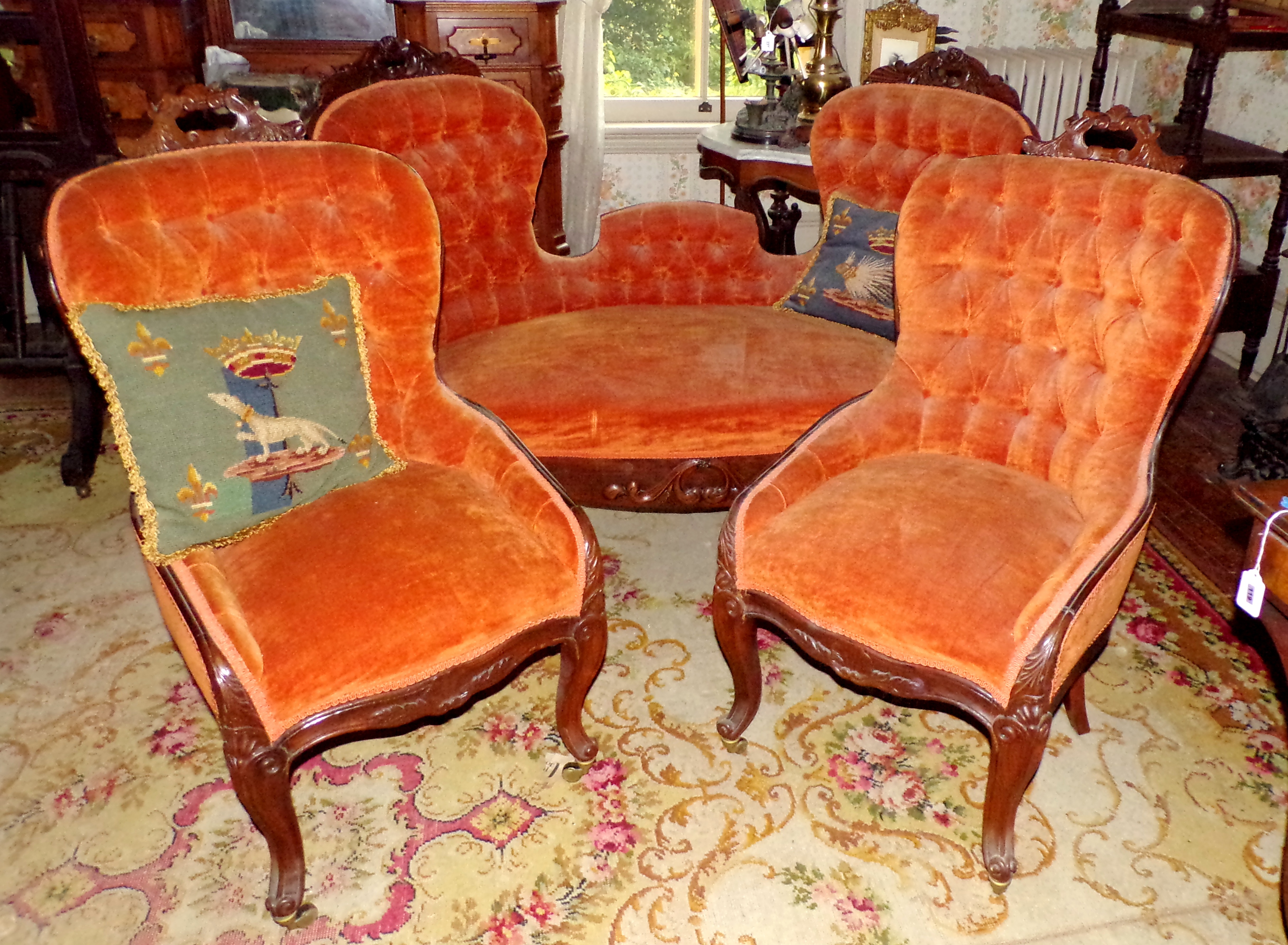 Appraisal: -Pc Victorian parlor set love seat and chairs carved rosettes