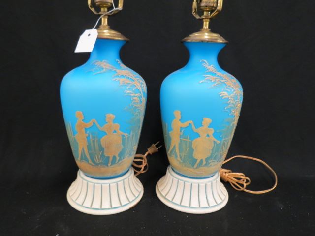 Appraisal: Pair of Mary Gregory Satin Art Glass Lamps courting scenes