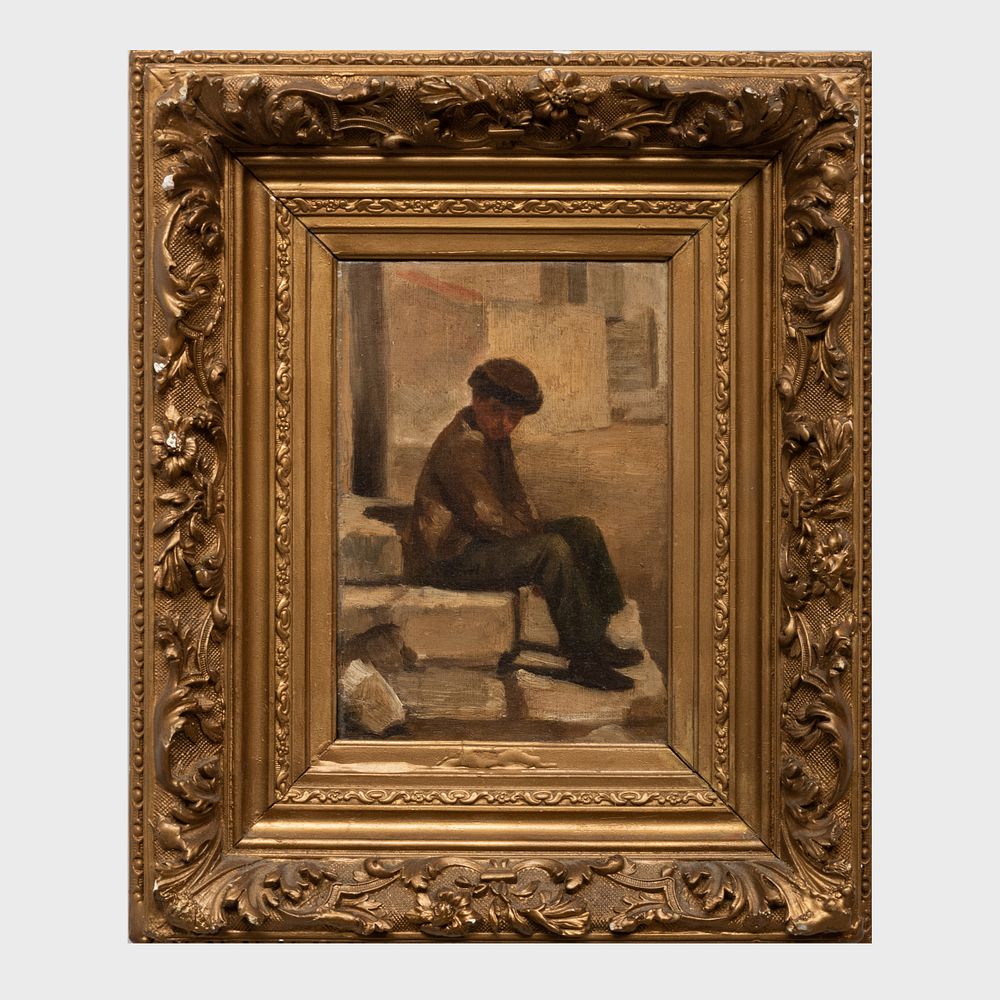 Appraisal: European School Seated Boy Oil on canvas unsigned lined x