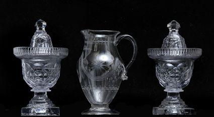 Appraisal: PAIR OF ANGLO IRISH CUT-GLASS SAUCE URNS AND COVERS AND