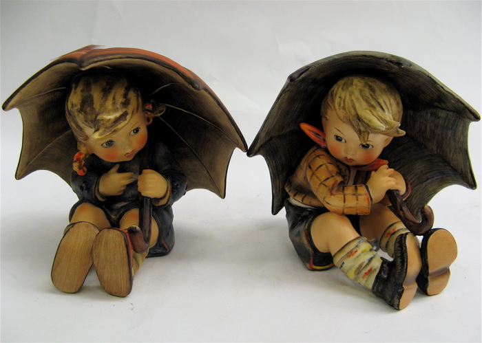 Appraisal: TWO GERMAN HUMMEL FIGURES Umbrella Boy HUM O A H