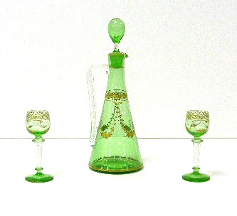 Appraisal: Three pieces pale green and gilt glassware including beaker-form decanter