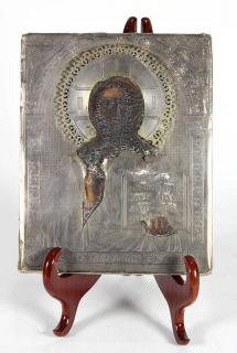 Appraisal: Russian icon Russian icon circa having an etched sterling silver