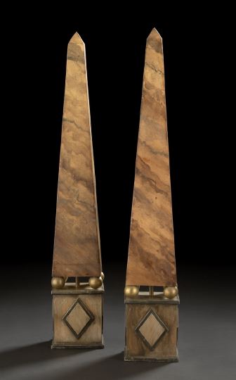 Appraisal: Large Pair of Obelisks-on-Pedestals of brass-mounted faux-marbre and polychromed wood