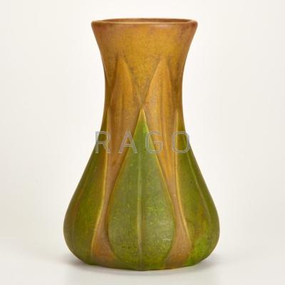 Appraisal: ROSEVILLE Velmoss two-color flaring vase Zanesville OH Glazed earthenware Unmarked