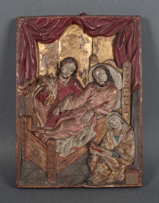 Appraisal: German carved polychromed giltwood plaque depicting the death of Saint