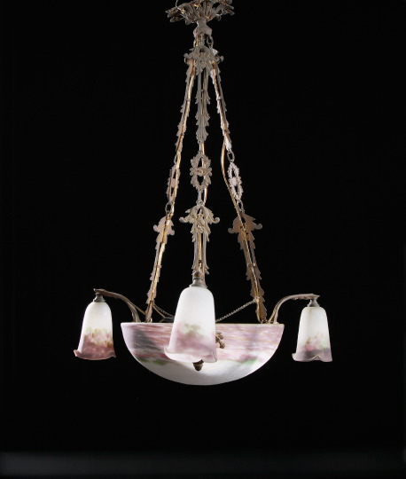 Appraisal: Muller Fres Gilt-Iron-Mounted Satine Glass End of Day Chandelier of