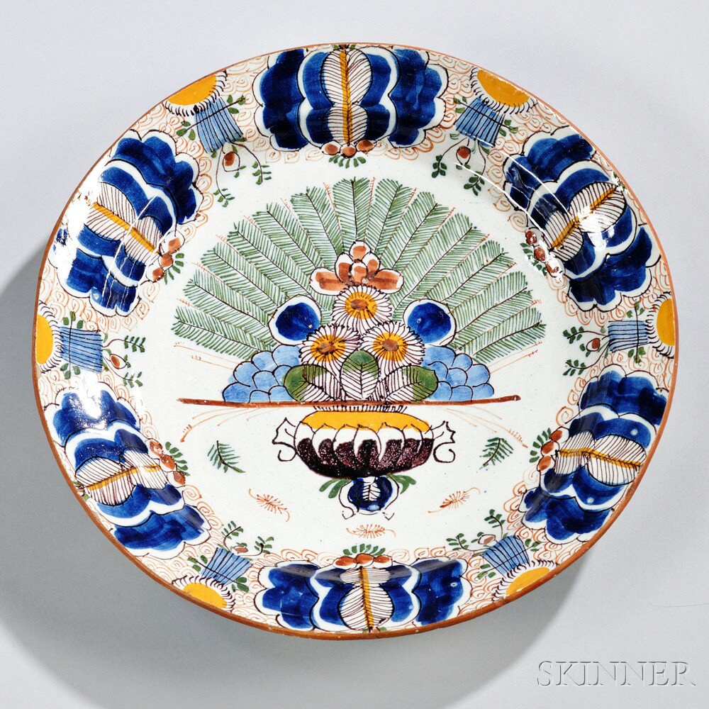 Appraisal: Dutch Delftware Polychrome Decorated Charger Holland th century peacock fan