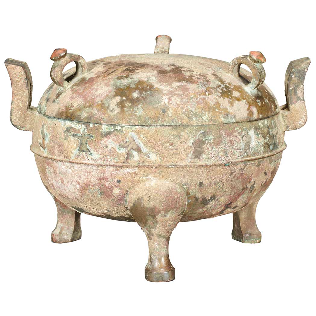 Appraisal: Chinese Bronze Covered Ding Warring States Period Raised on cabriole