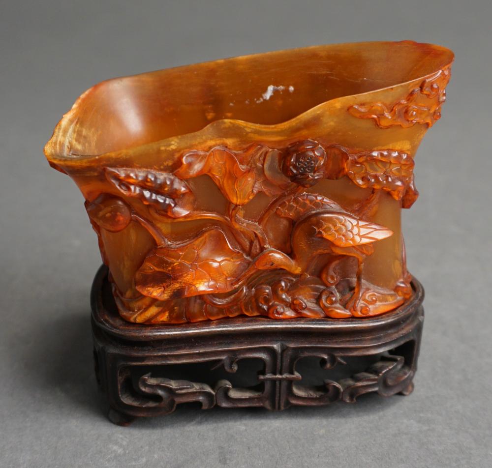 Appraisal: Chinese Carved Libation Cup with Hardwood Stand