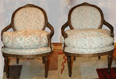 Appraisal: Pair of Louis XVI Style Carved Fruitwood Fautieuls Estimate nbsp