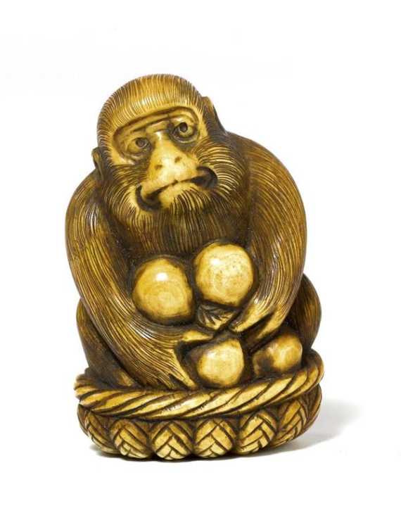 Appraisal: NETSUKE Japan H lfte Jh H cm Gef rbtes Elfenbein