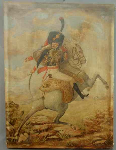 Appraisal: Oil on canvas painting of a Russian cavalryman on a