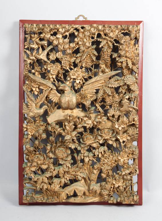 Appraisal: Chinese carved lacquered and giltwood panel with floral and bird