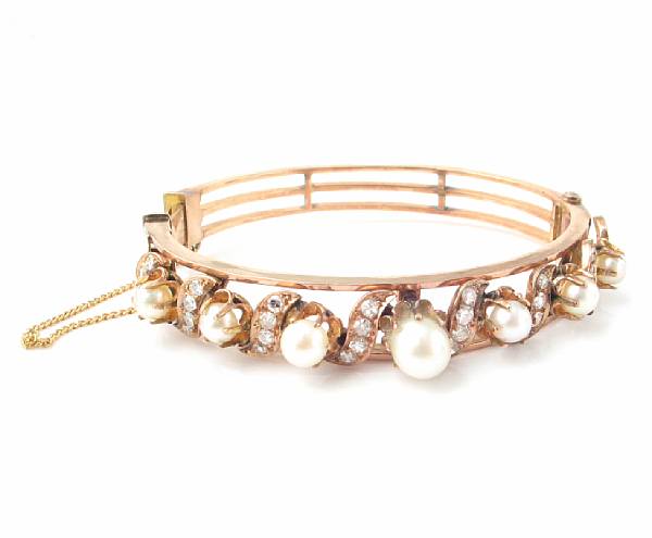 Appraisal: A cultured pearl diamond and rose gold bangle grams gross