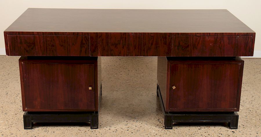 Appraisal: MACASSAR DOUBLE PEDESTAL DESK CIRCA A mid century modern macassar