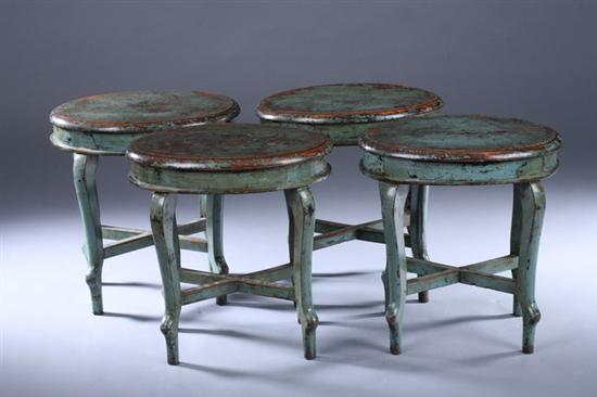 Appraisal: FOUR CHINESE BLUE LACQUERED CYPRESS STOOLS Qing Dynasty circa Jiangxi