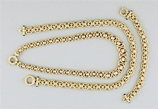 Appraisal: Gold necklaces and bracelet two ornate necklaces and bracelet hinge