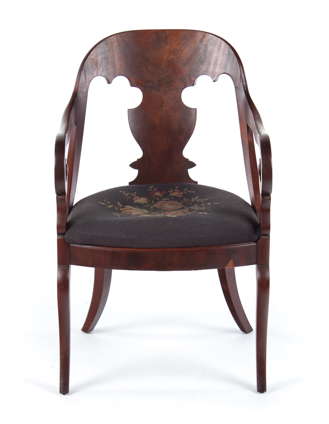 Appraisal: American Restoration mahogany armchair circa urn-shaped splat with scrolled arms