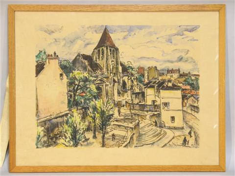 Appraisal: EDOUARD MENETRES TH CENTURY FRENCH PARIS CITYSCAPE WITH CHURCH Watercolor