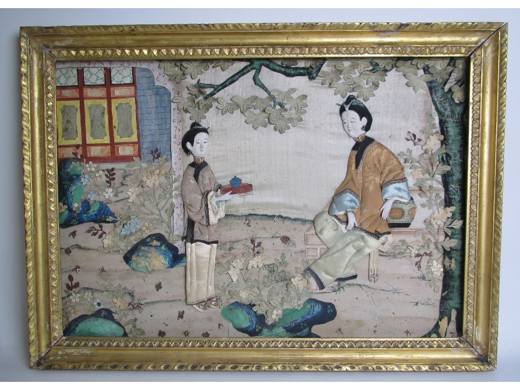 Appraisal: A pair of Chinese export silk embroidered pictures decorated with