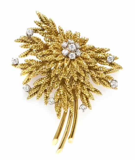 Appraisal: An Karat Yellow Gold and Diamond Foliate Brooch containing round