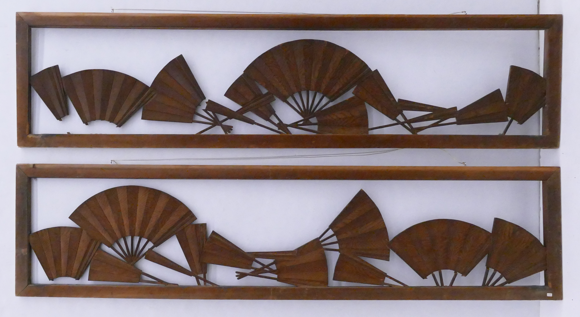 Appraisal: Pair Japanese Ranma Transom Carved Fans Wooden Panels- As Is