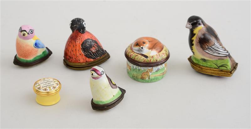 Appraisal: THREE ENAMEL BIRD-FORM BOXES A PORCELAIN BIRD-FORM BOX A HALCYON