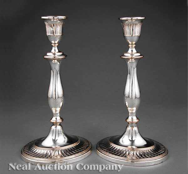 Appraisal: A Fine Pair of Sheffield Plate Candlesticks c oval candlecups