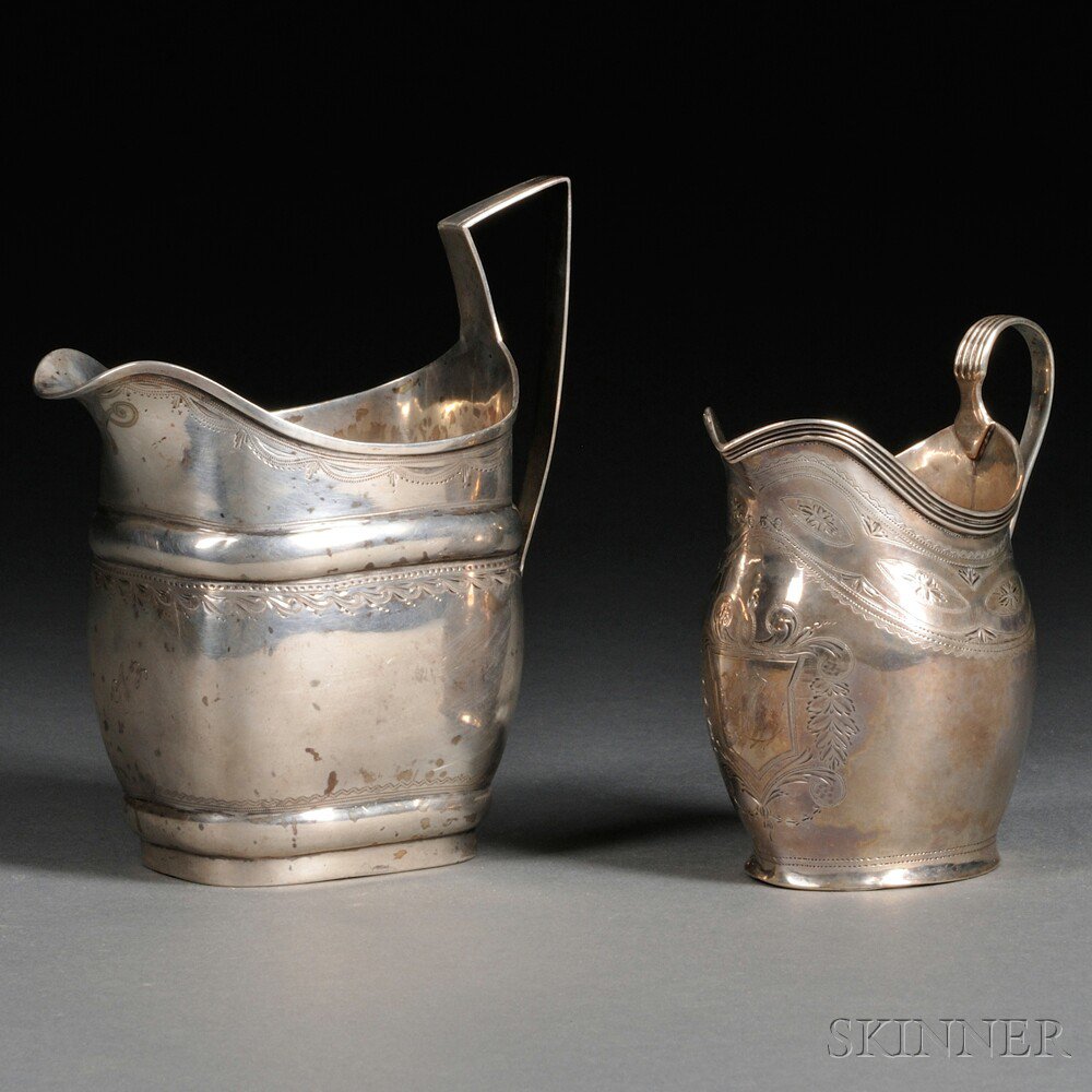 Appraisal: Two Classical Bright Cut Coin Silver Cream Pitchers one by