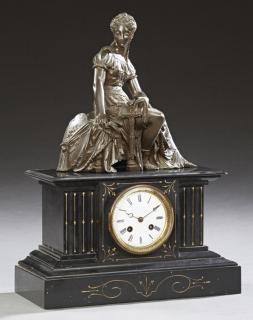 Appraisal: French Black Marble Figural Mantle Clock c of temple form