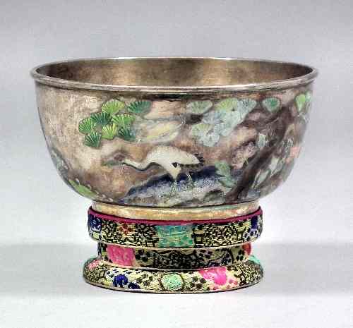 Appraisal: An early th Century Chinese silvery metal and enamel circular