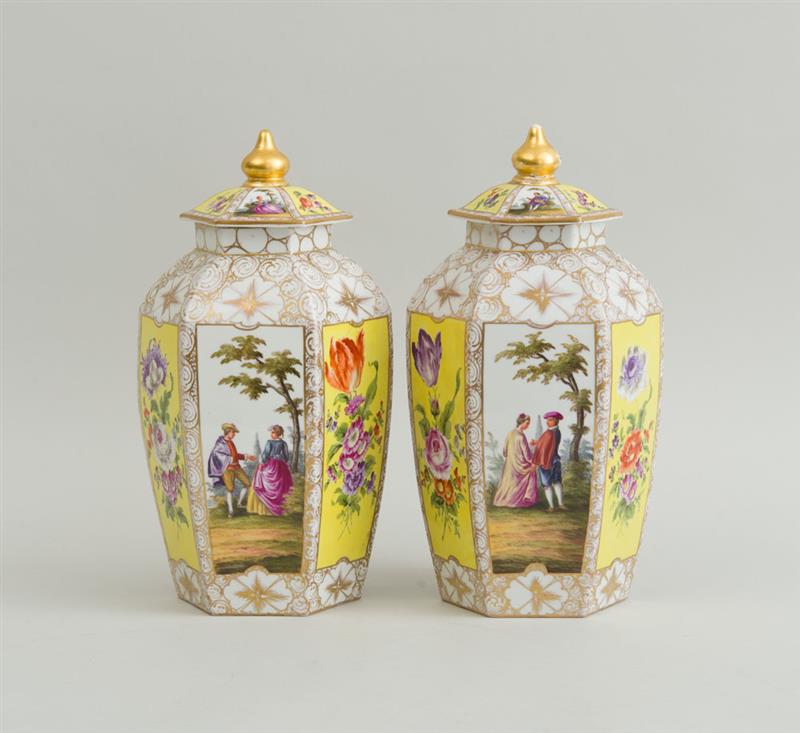 Appraisal: PAIR OF MEISSEN YELLOW-GROUND PORCELAIN HEXAGONAL JARS AND COVERS Marked