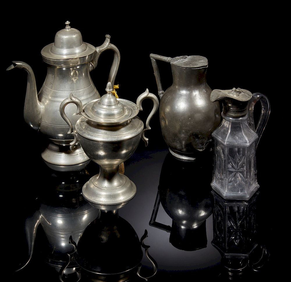 Appraisal: Four Pewter Items Four pewter items comprising a covered sugar