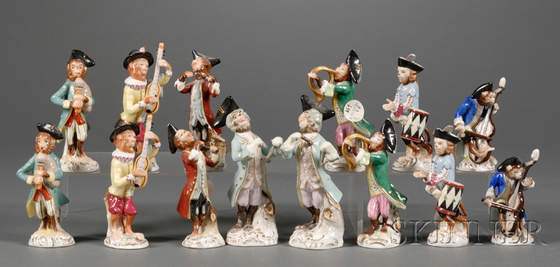 Appraisal: Fourteen Piece Sitzendorf Porcelain Monkey Band Germany late th century