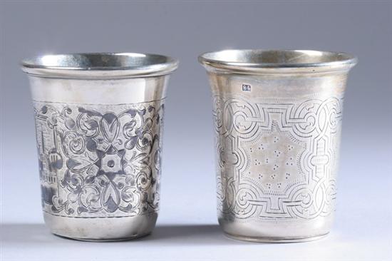 Appraisal: TWO RUSSIAN SILVER VODKA CUPS One with chased Celtic inspired