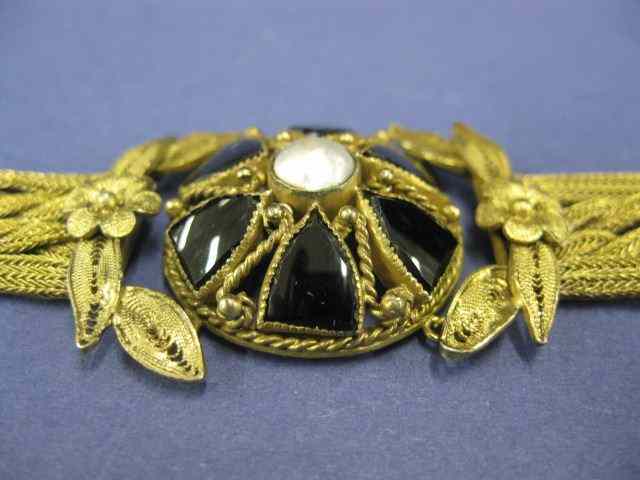 Appraisal: Victorian Bracelet pearl black onyxmedallions on fancy filigree '' long