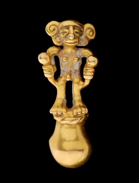 Appraisal: A PRE-COLUMBIAN STYLE K GOLD FIGURAL BELL PENDANTThe standing male